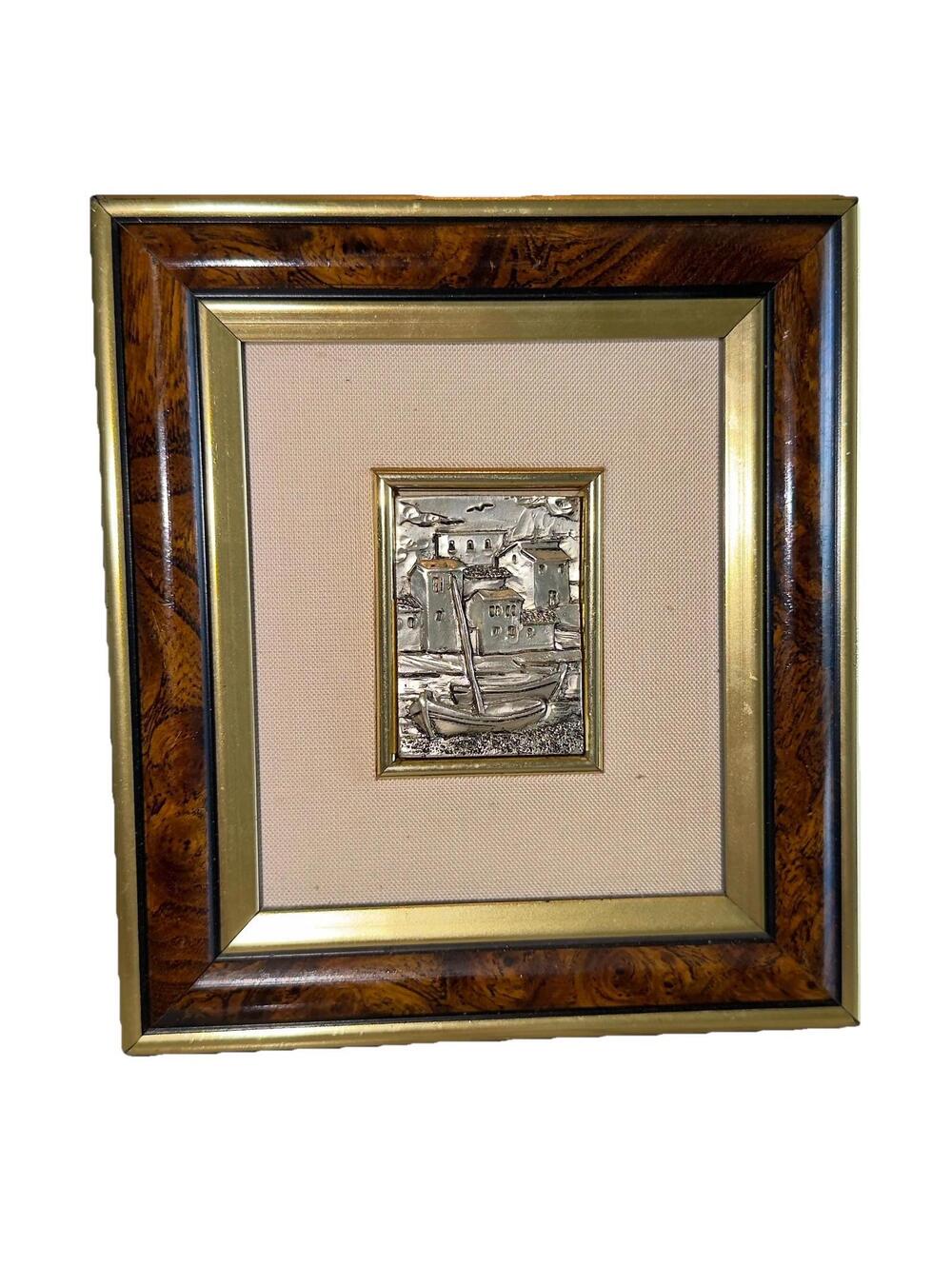 Italian 800 Sterling Silver vintage 3D Artwork Of City Sailboat 5x6" Framed COA